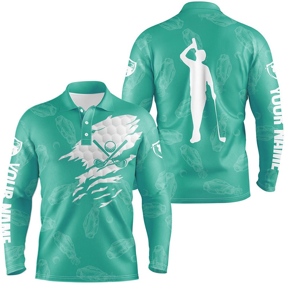 Men’s Golf Polo Shirt Custom Name Golf Clubs Pattern Shirt Turquoise, Golf Polo Shirt, Golf Shirts