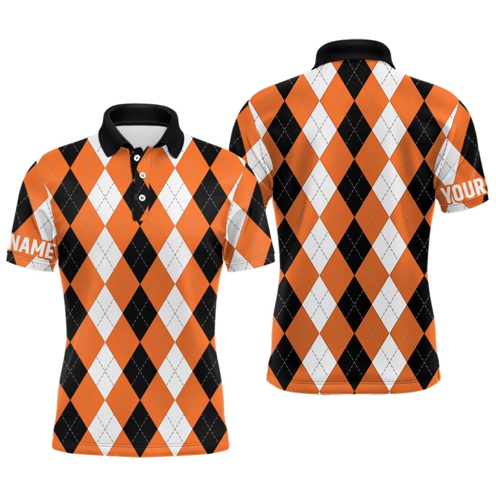 Men’s Golf Polo Shirt Custom Orange Argyle Plaid Pattern Golf Attire For Men, Golf Polo Shirt, Golf Shirts