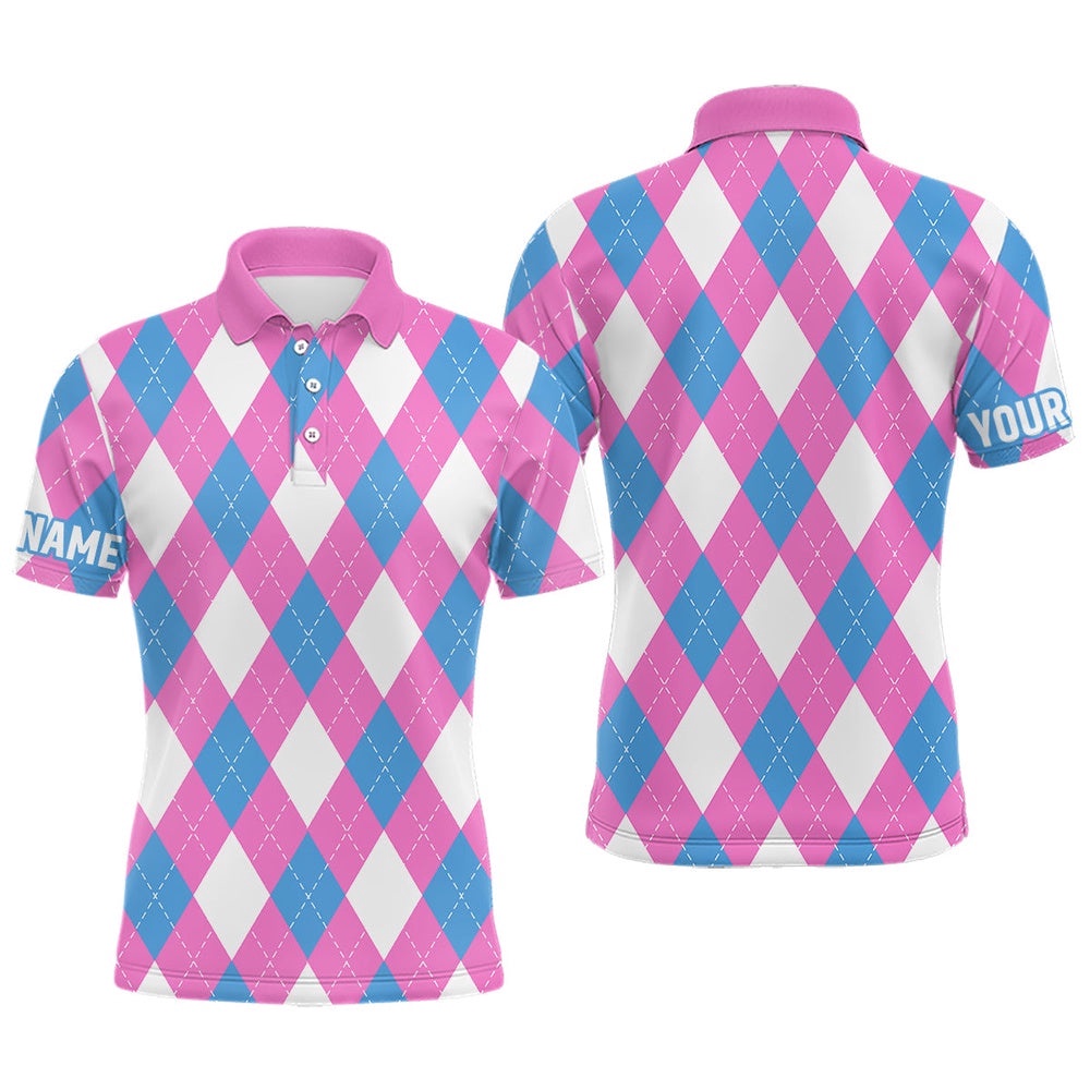 Men’s Golf Polo Shirt Custom Pink, Blue And White Argyle Plaid Pattern Golf Attire For Men, Golf Polo Shirt, Golf Shirts