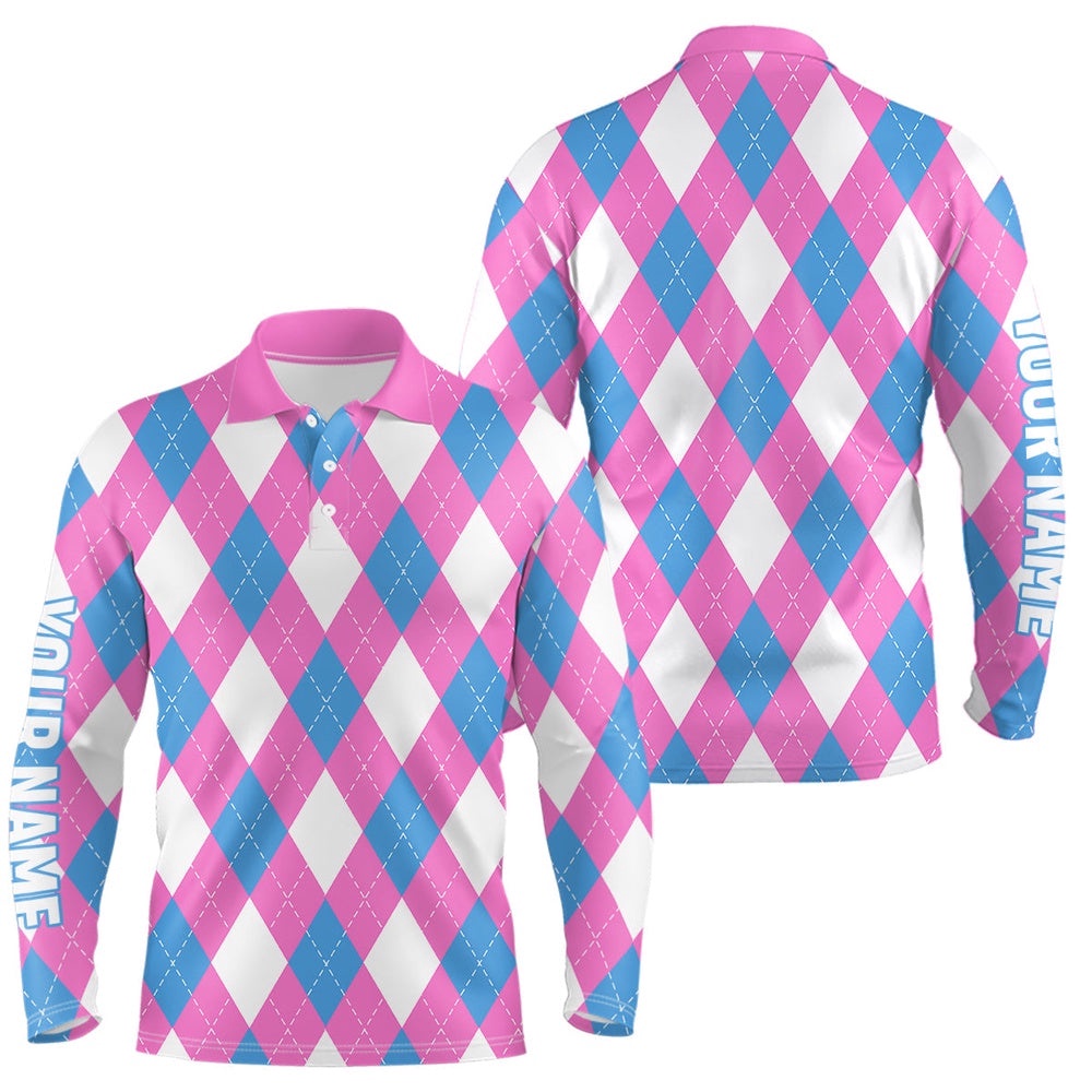 Men’s Golf Polo Shirt Custom Pink, Blue And White Argyle Plaid Pattern Golf Attire For Men, Golf Polo Shirt, Golf Shirts