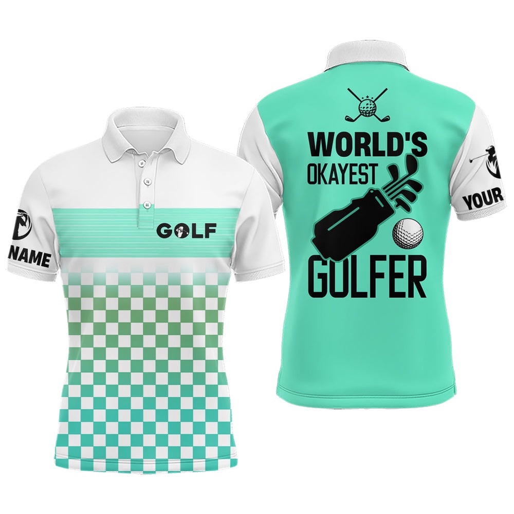 Men’s Golf Polo Shirt Custom White And Green Pattern World’S Okayest Golfer Golf Shirt For Men’s, Golf Polo Shirt, Golf Shirts