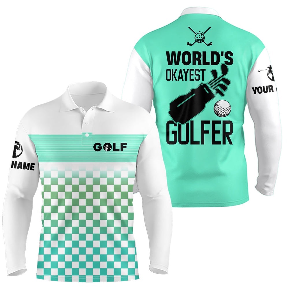 Men’s Golf Polo Shirt Custom White And Green Pattern World’S Okayest Golfer Golf Shirt For Men’s, Golf Polo Shirt, Golf Shirts