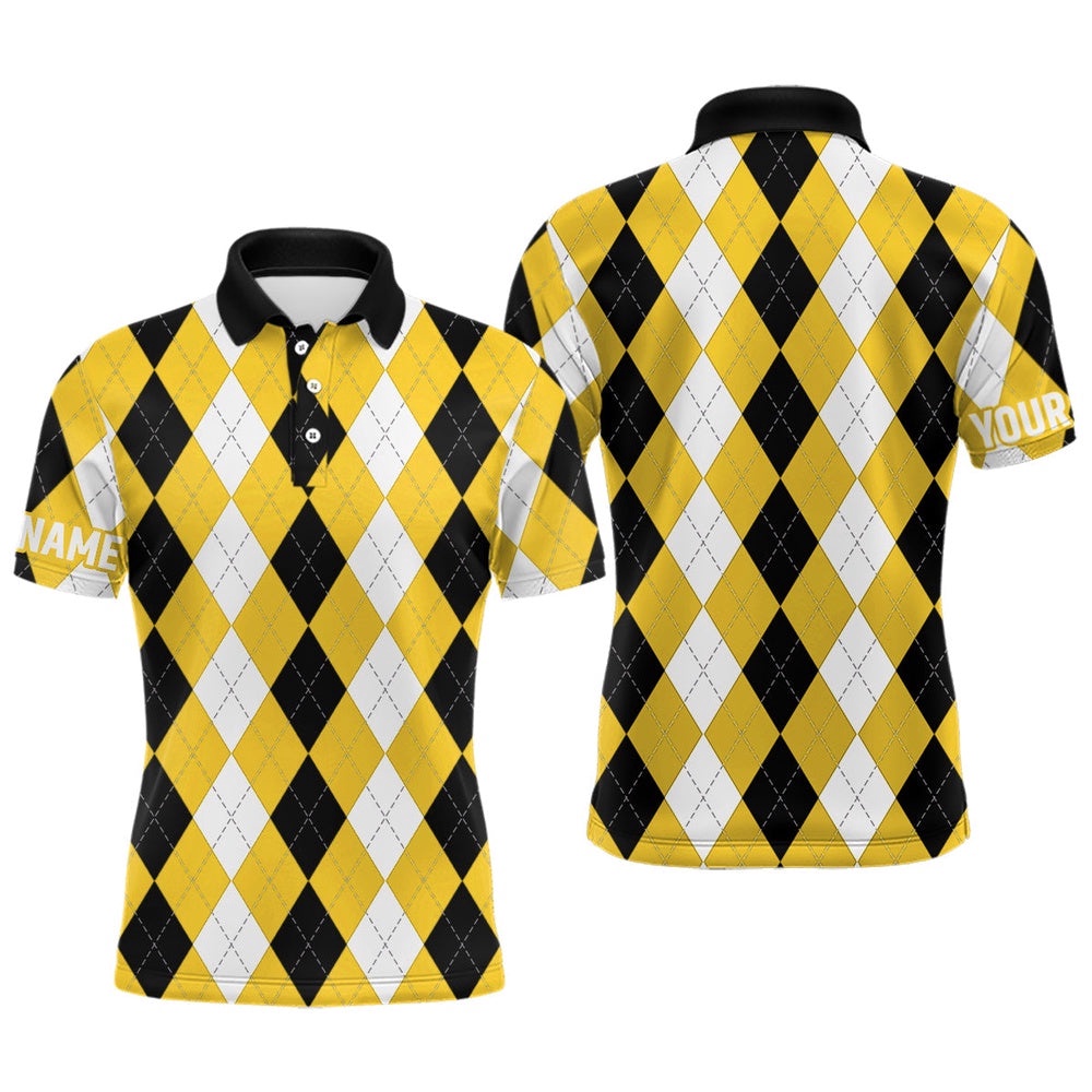 Men’s Golf Polo Shirt Custom Yellow Argyle Plaid Pattern Golf Attire For Men, Golf Polo Shirt, Golf Shirts