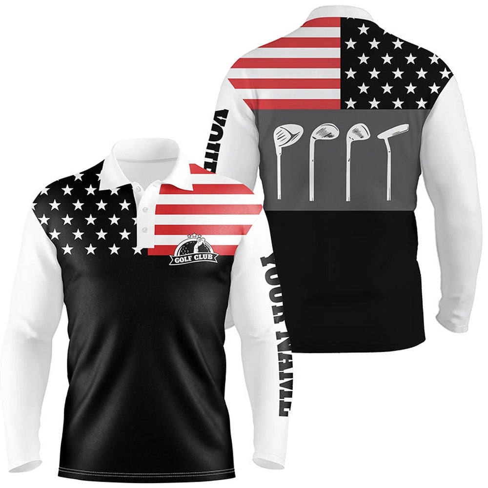 Men’s Golf Polo Shirt Golf Club American Flag Patriot Golf Custom Name Black Golf Shirt, Golfing Gift, Golf Polo Shirt, Golf Shirts