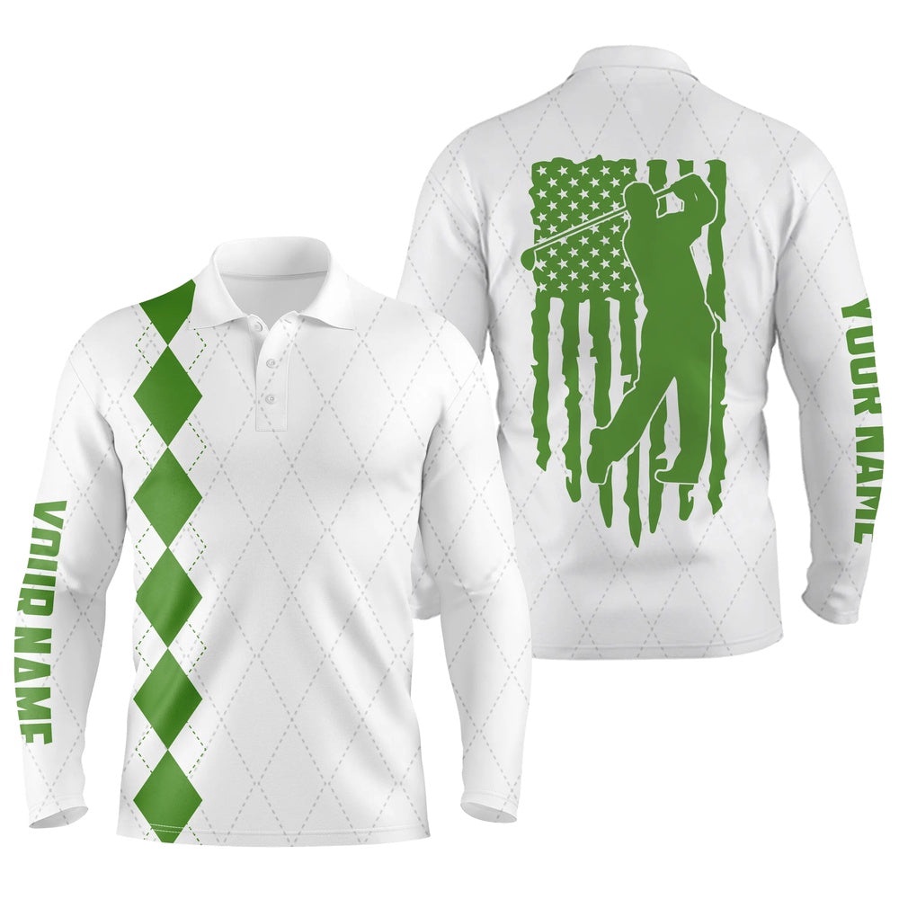 Men’s Golf Polo Shirt Green American Flag Patriotic Golf Shirts Custom Name Golf Gifts, Golf Polo Shirt, Golf Shirts