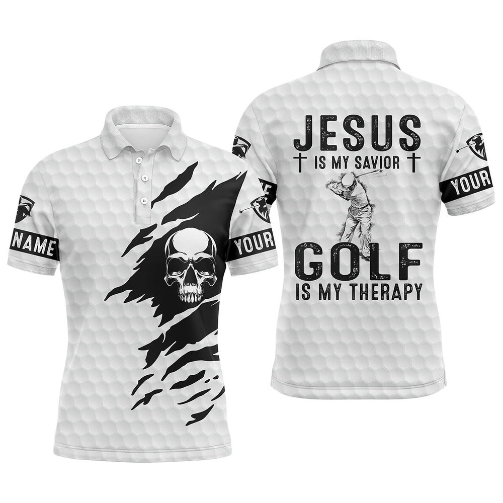 Men’s Golf Polo Shirt Jesus Is My Savior, Golf Is My Therapy Custom Name White Skull Golf Shirt, Golf Polo Shirt, Golf Shirts Men’s Golf Polo Shirt Jesus Is My Savior, Golf Is My Therapy Custom Name White Skull Golf Shirt, Golf Polo Shirt, Golf Shirts