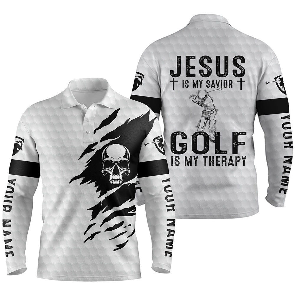 Men’s Golf Polo Shirt Jesus Is My Savior, Golf Is My Therapy Custom Name White Skull Golf Shirt, Golf Polo Shirt, Golf Shirts Men’s Golf Polo Shirt Jesus Is My Savior, Golf Is My Therapy Custom Name White Skull Golf Shirt, Golf Polo Shirt, Golf Shirts