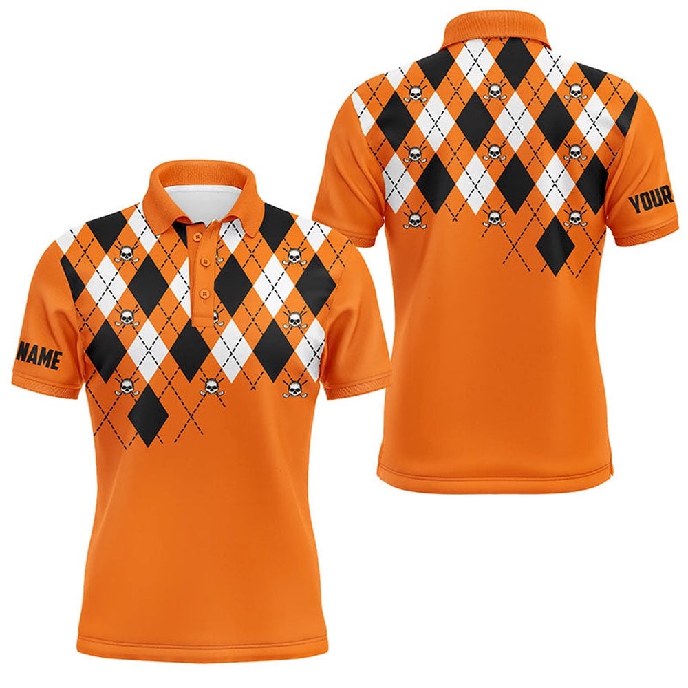 Men’s Golf Polo Shirt Plus Size Orange Argyle Plaid Golf Skull Pattern Custom Men’s Halloween Golf Tops, Golf Polo Shirt, Golf Shirts