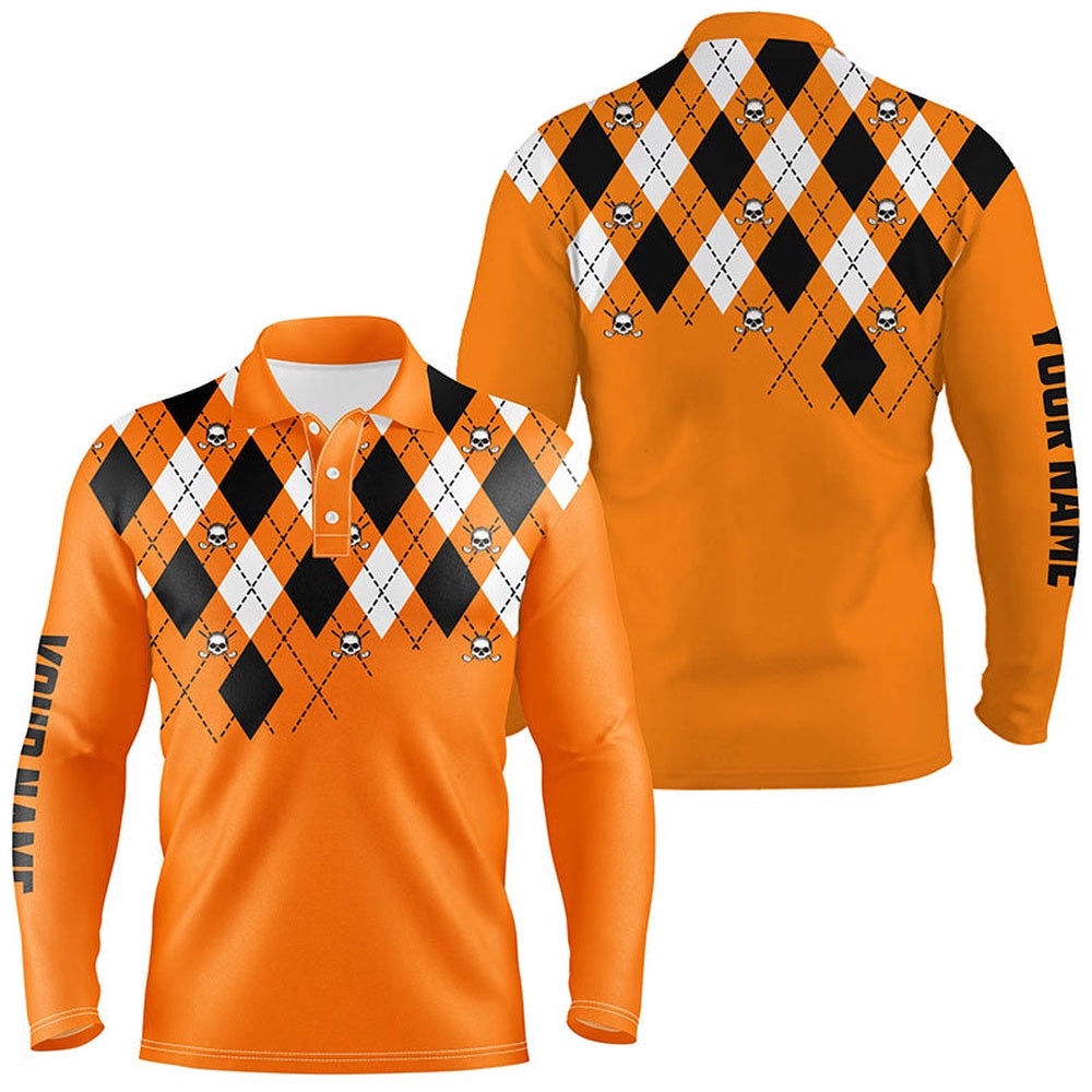 Men’s Golf Polo Shirt Plus Size Orange Argyle Plaid Golf Skull Pattern Custom Men’s Halloween Golf Tops, Golf Polo Shirt, Golf Shirts