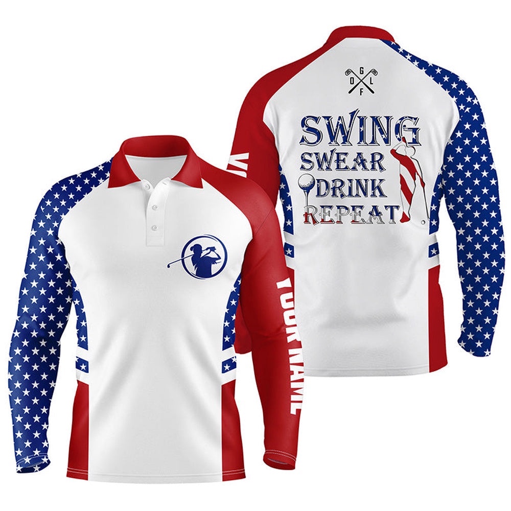 Men’s Golf Polo Shirt Swing Swear Drink Repeat Custom Name American Flag Patriotic White Golf Shirt, Golf Polo Shirt, Golf Shirts Men’s Golf Polo Shirt Swing Swear Drink Repeat Custom Name American Flag Patriotic White Golf Shirt, Golf Polo Shirt, Golf Shirts