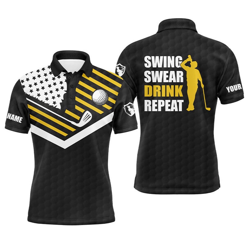 Men’s Golf Polo Shirt Swing Swear Drink Repeat Custom Name Black American Flag Golf Shirts, Golf Polo Shirt, Golf Shirts