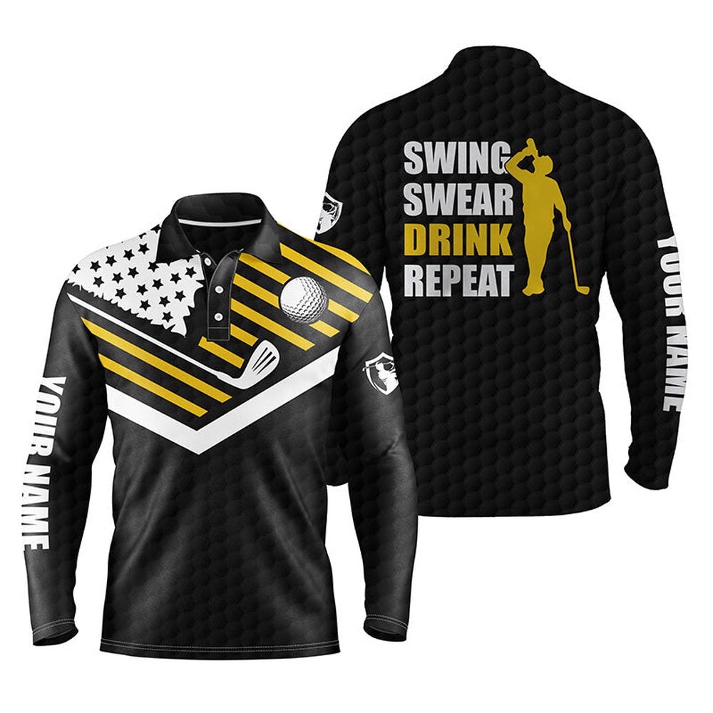 Men’s Golf Polo Shirt Swing Swear Drink Repeat Custom Name Black American Flag Golf Shirts, Golf Polo Shirt, Golf Shirts