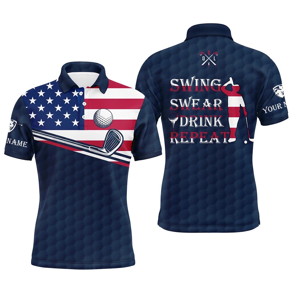 Men’s Golf Polo Shirt Swing Swear Drink Repeat Custom Name Blue Navy American Flag Men Golf Shirts, Golf Polo Shirt, Golf Shirts