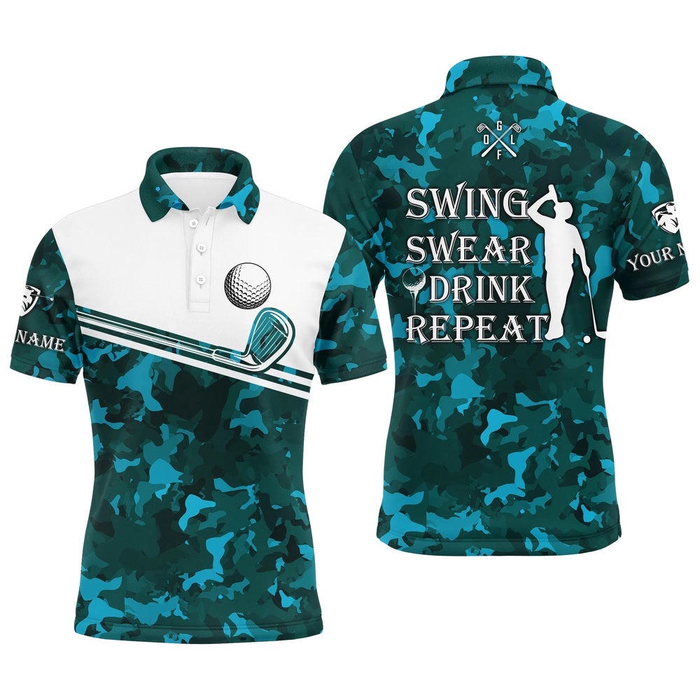 Men’s Golf Polo Shirt Swing Swear Drink Repeat Custom Name Teal Blue Camo White Men Golf Shirts, Golf Polo Shirt, Golf Shirts Men’s Golf Polo Shirt Swing Swear Drink Repeat Custom Name Teal Blue Camo White Men Golf Shirts, Golf Polo Shirt, Golf Shirts