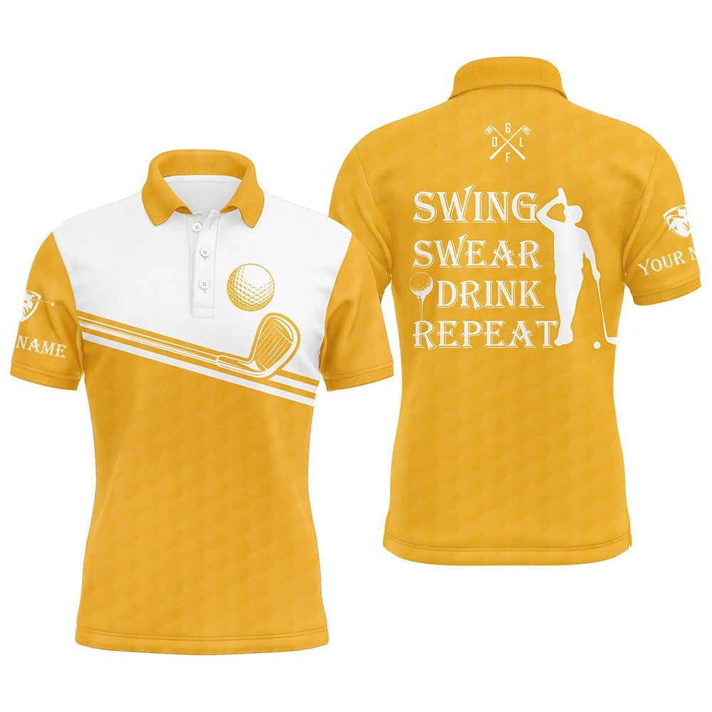 Men’s Golf Polo Shirt Swing Swear Drink Repeat Custom Name Yellow And White Golf Tops For Men’s, Golf Polo Shirt, Golf Shirts Men’s Golf Polo Shirt Swing Swear Drink Repeat Custom Name Yellow And White Golf Tops For Men’s, Golf Polo Shirt, Golf Shirts