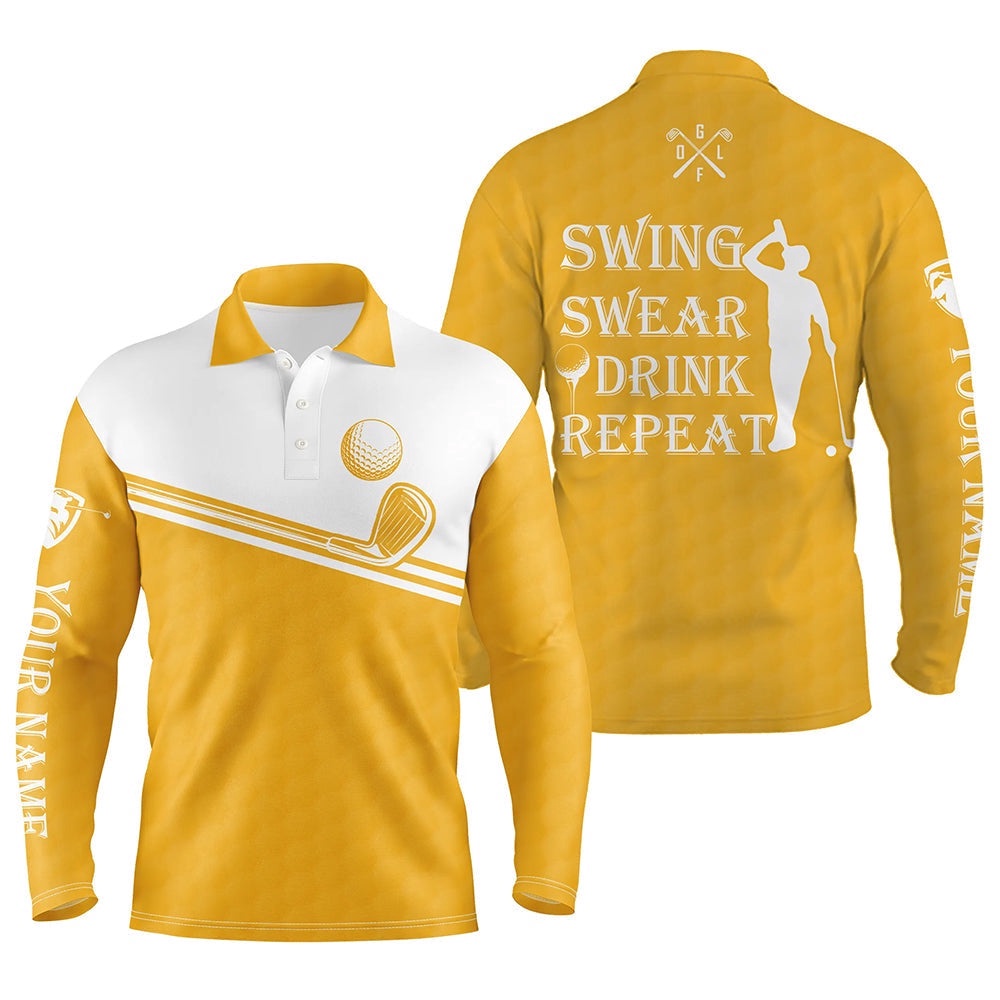 Men’s Golf Polo Shirt Swing Swear Drink Repeat Custom Name Yellow And White Golf Tops For Men’s, Golf Polo Shirt, Golf Shirts Men’s Golf Polo Shirt Swing Swear Drink Repeat Custom Name Yellow And White Golf Tops For Men’s, Golf Polo Shirt, Golf Shirts