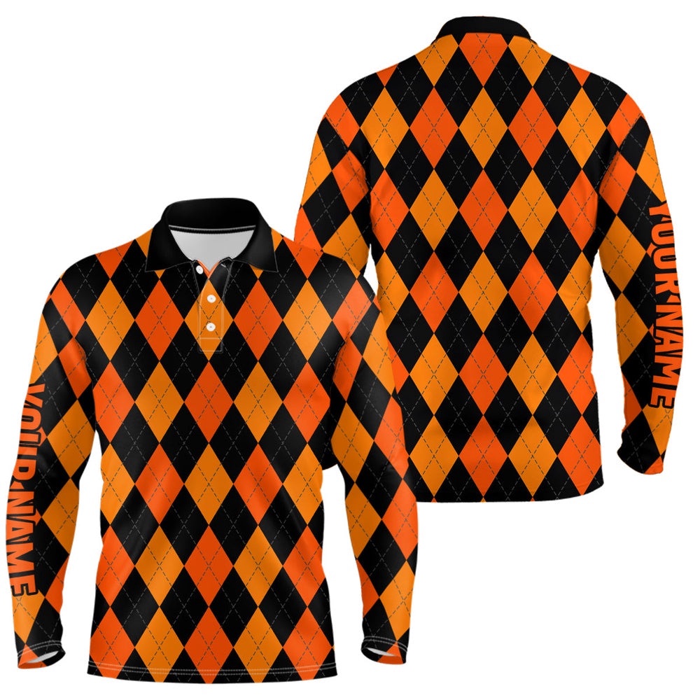 Men’s Golf Polo Shirts Custom Orange And Black Argyle Plaid Halloween Pattern Golf Attire For Men, Golf Polo Shirt, Golf Shirts