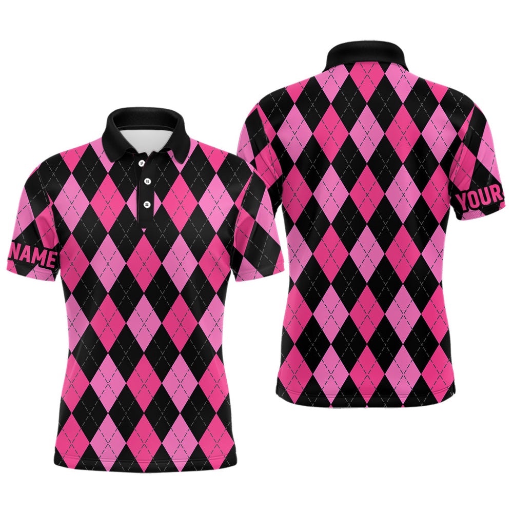 Men’s Golf Polo Shirts Custom Pink And Black Argyle Plaid Pattern Golf Attire For Men, Golf Polo Shirt, Golf Shirts
