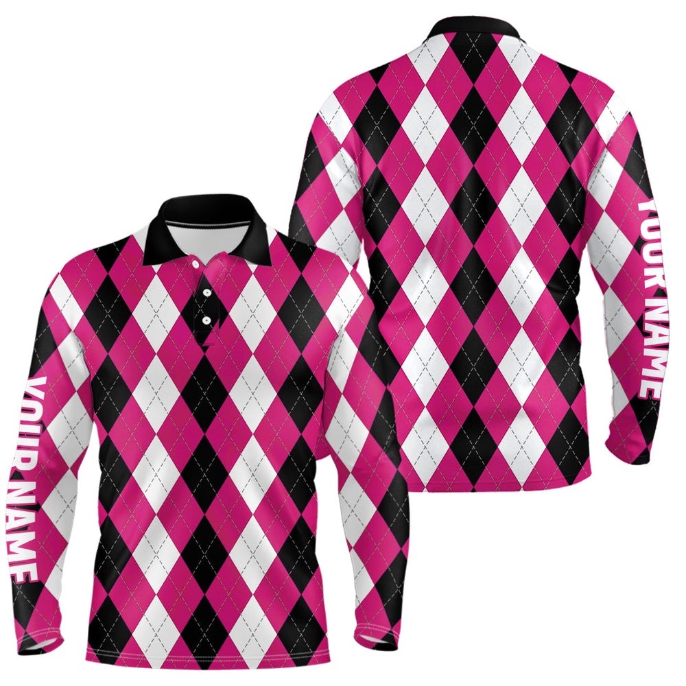 Men’s Golf Polo Shirts Custom Pink Argyle Plaid Pattern Golf Attire For Men, Golf Polo Shirt, Golf Shirts