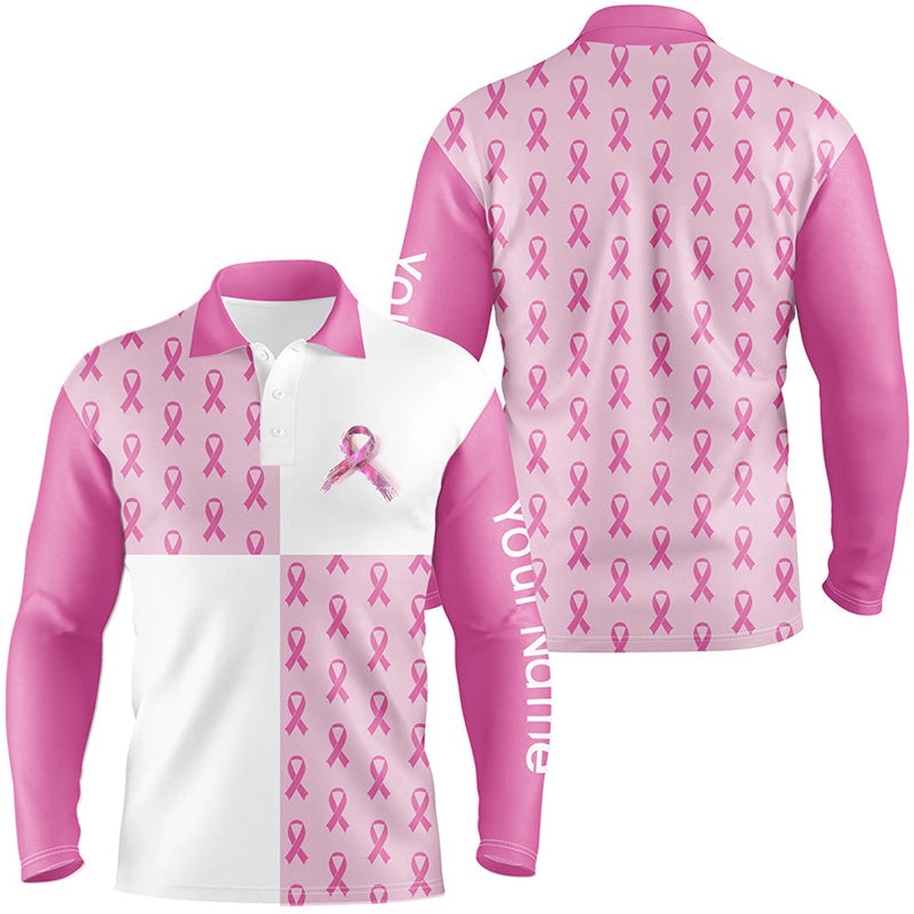 Men’s Golf Polo Shirts Custom Pink Breast Cancer Pink Ribbon Pattern Golf Shirts For Men, Golf Polo Shirt, Golf Shirts
