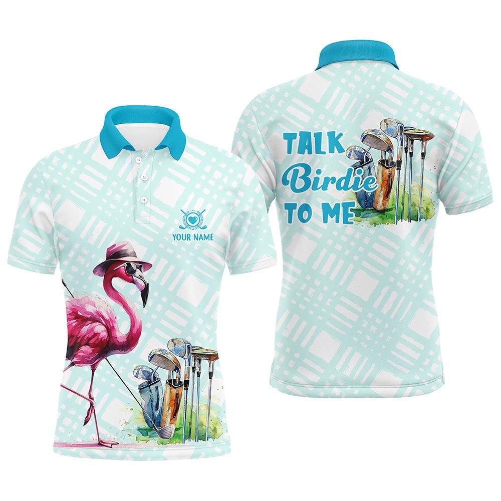 Men’s Golf Polo Shirts Custom Pink Flamingo Blue Pattern Golf Shirts Talk Birdie To Me, Golf Polo Shirt, Golf Shirts