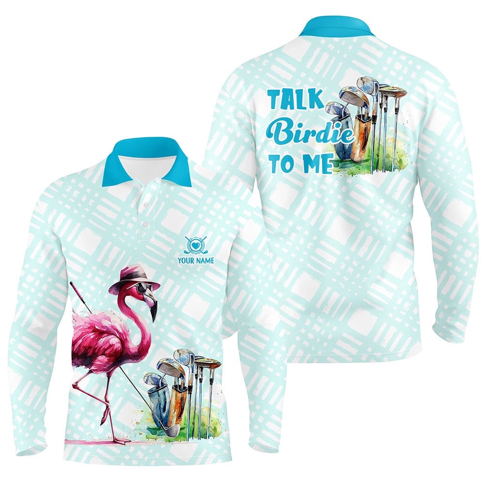 Men’s Golf Polo Shirts Custom Pink Flamingo Blue Pattern Golf Shirts Talk Birdie To Me, Golf Polo Shirt, Golf Shirts