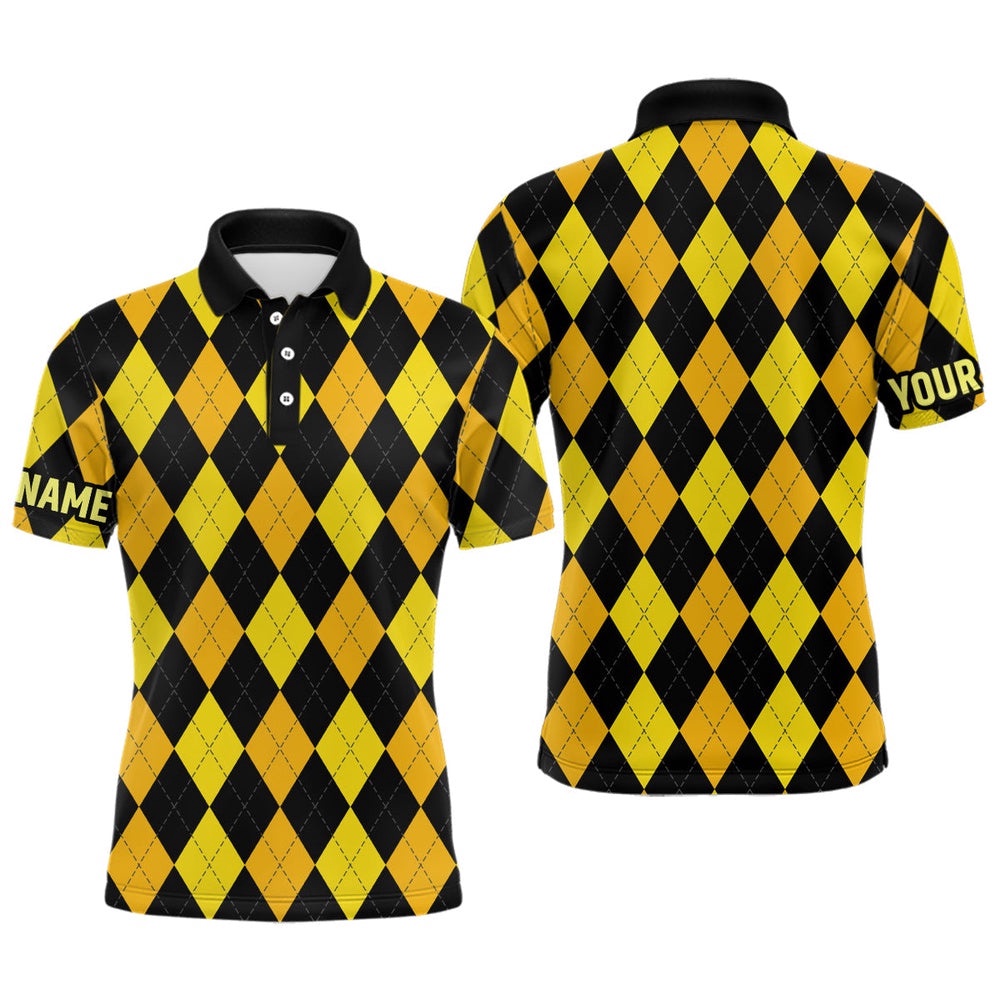 Men’s Golf Polo Shirts Custom Yellow And Black Argyle Plaid Pattern Golf Attire For Men, Golf Polo Shirt, Golf Shirts