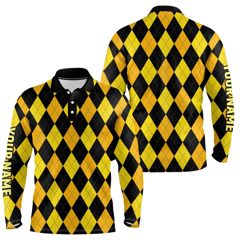 Men’s Golf Polo Shirts Custom Yellow And Black Argyle Plaid Pattern Golf Attire For Men, Golf Polo Shirt, Golf Shirts