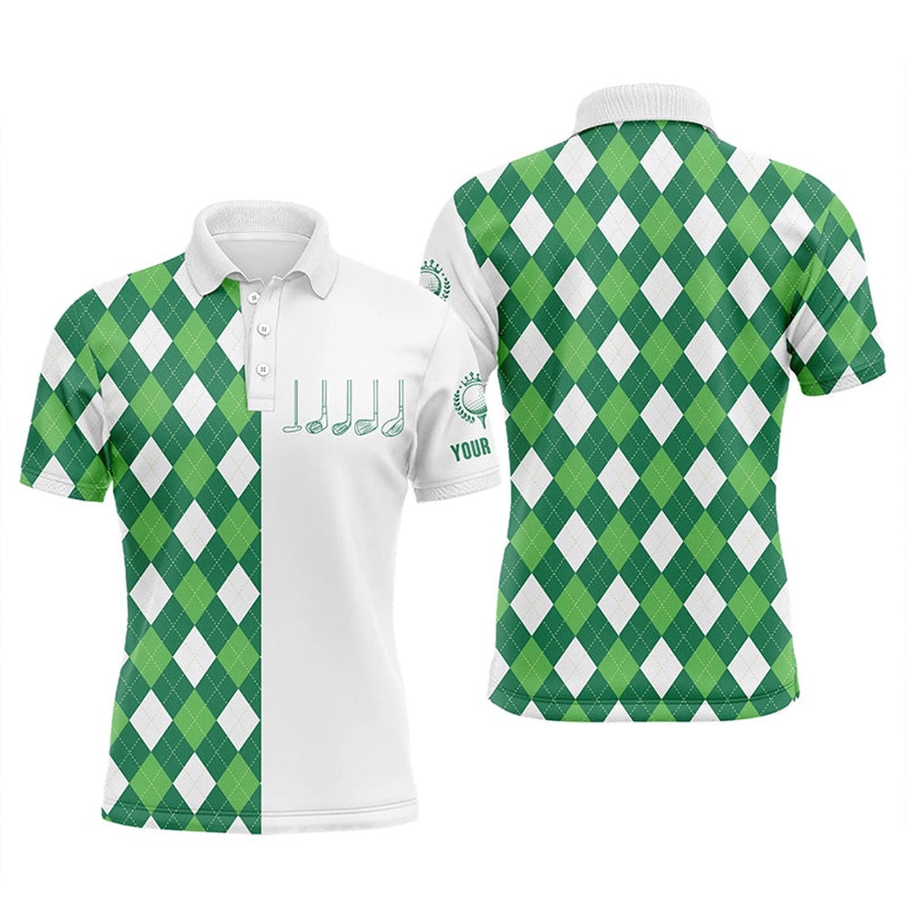 Men’s Golf Polo Shirts Green And White Argyle Plaid Pattern Custom Men’s Golf Wear, Golf Polo Shirt, Golf Shirts