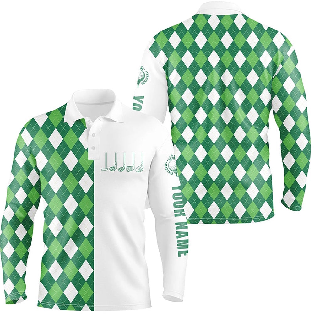 Men’s Golf Polo Shirts Green And White Argyle Plaid Pattern Custom Men’s Golf Wear, Golf Polo Shirt, Golf Shirts