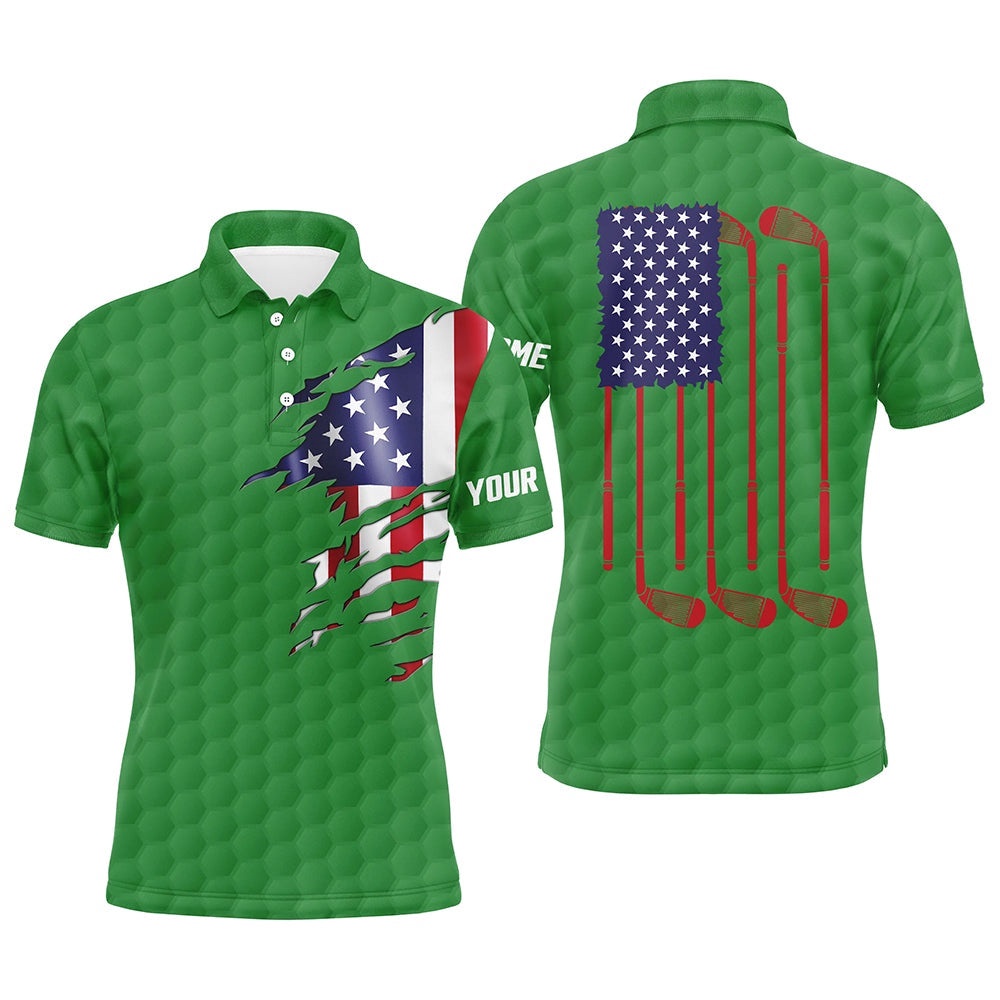Men’s Golf Polo Shirts Green Golf Ball American Flag Patriotic Golf Clubs Custom Name Golfing Gifts, Golf Polo Shirt, Golf Shirts