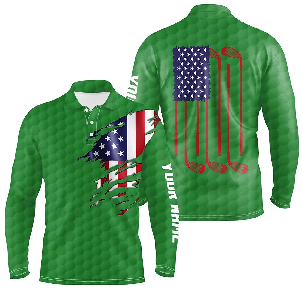 Men’s Golf Polo Shirts Green Golf Ball American Flag Patriotic Golf Clubs Custom Name Golfing Gifts, Golf Polo Shirt, Golf Shirts