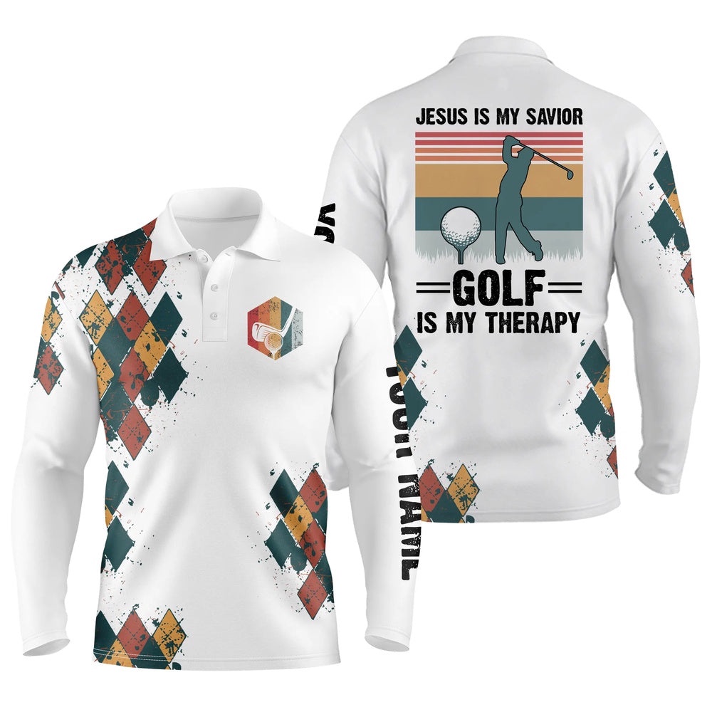 Men’s Golf Polo Shirts Jesus Is My Savior Golf Is My Therapy Custom Name Vintage Best Men’s Golf Wear, Golf Polo Shirt, Golf Shirts