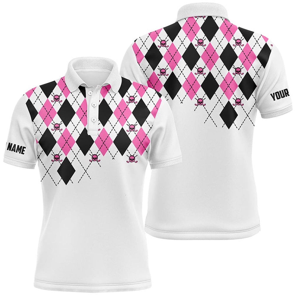 Men’s Golf Polo Shirts Pink And Black Argyle Plaid Golf Skull Pattern Custom White Men’s Golf Tops, Golf Polo Shirt, Golf Shirts
