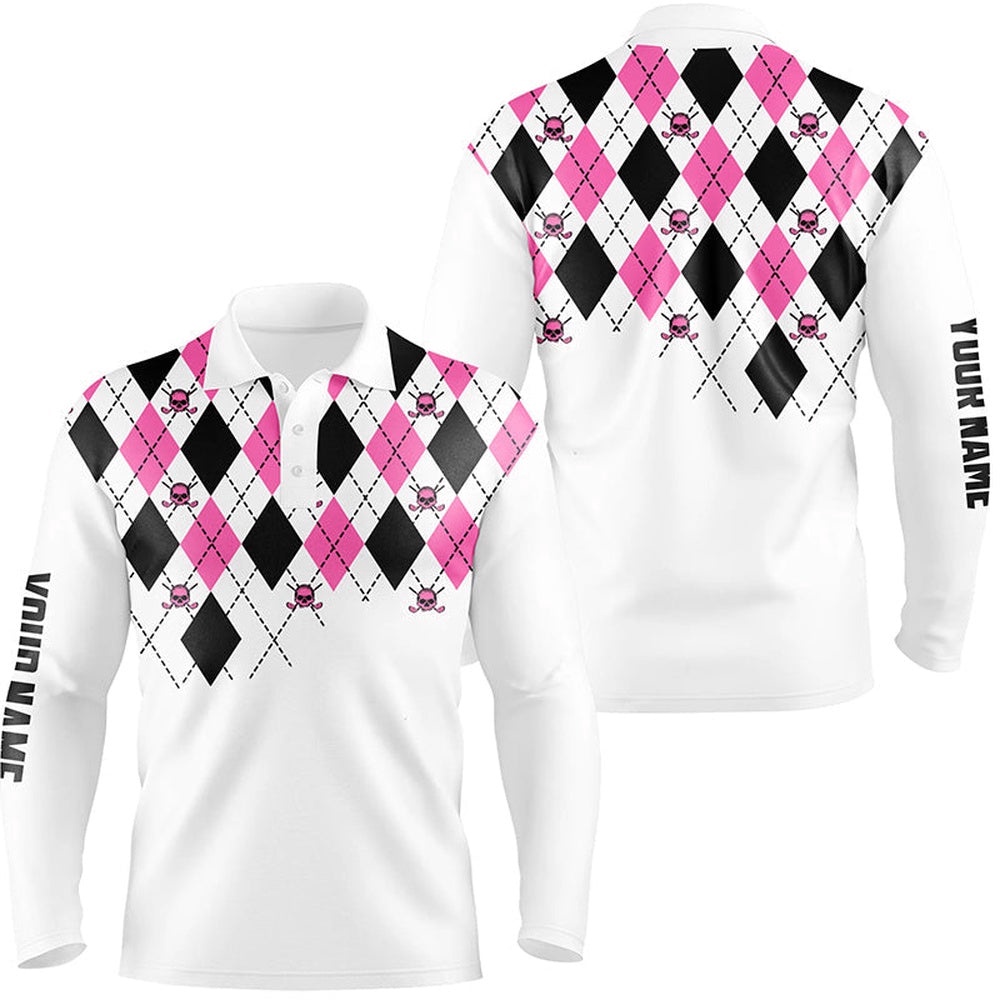 Men’s Golf Polo Shirts Pink And Black Argyle Plaid Golf Skull Pattern Custom White Men’s Golf Tops, Golf Polo Shirt, Golf Shirts