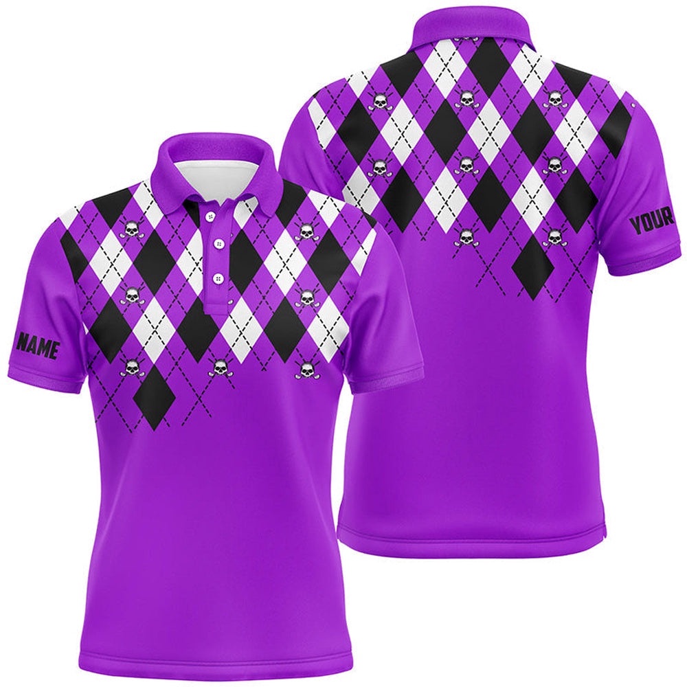 Men’s Golf Polo Shirts Purple Argyle Plaid Golf Skull Pattern Custom Men’s Purple Golf Tops, Golf Polo Shirt, Golf Shirts