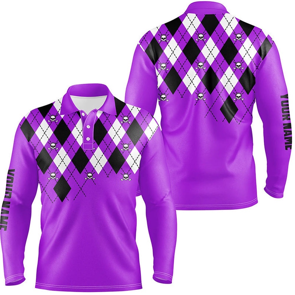 Men’s Golf Polo Shirts Purple Argyle Plaid Golf Skull Pattern Custom Men’s Purple Golf Tops, Golf Polo Shirt, Golf Shirts