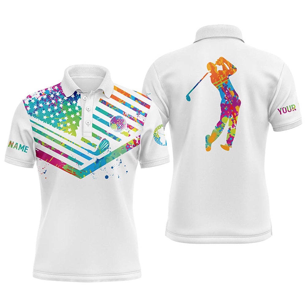Men’s Golf Polo Shirts Watercolor American Flag Custom Name White Golf Shirt, Golf Polo Shirt, Golf Shirts