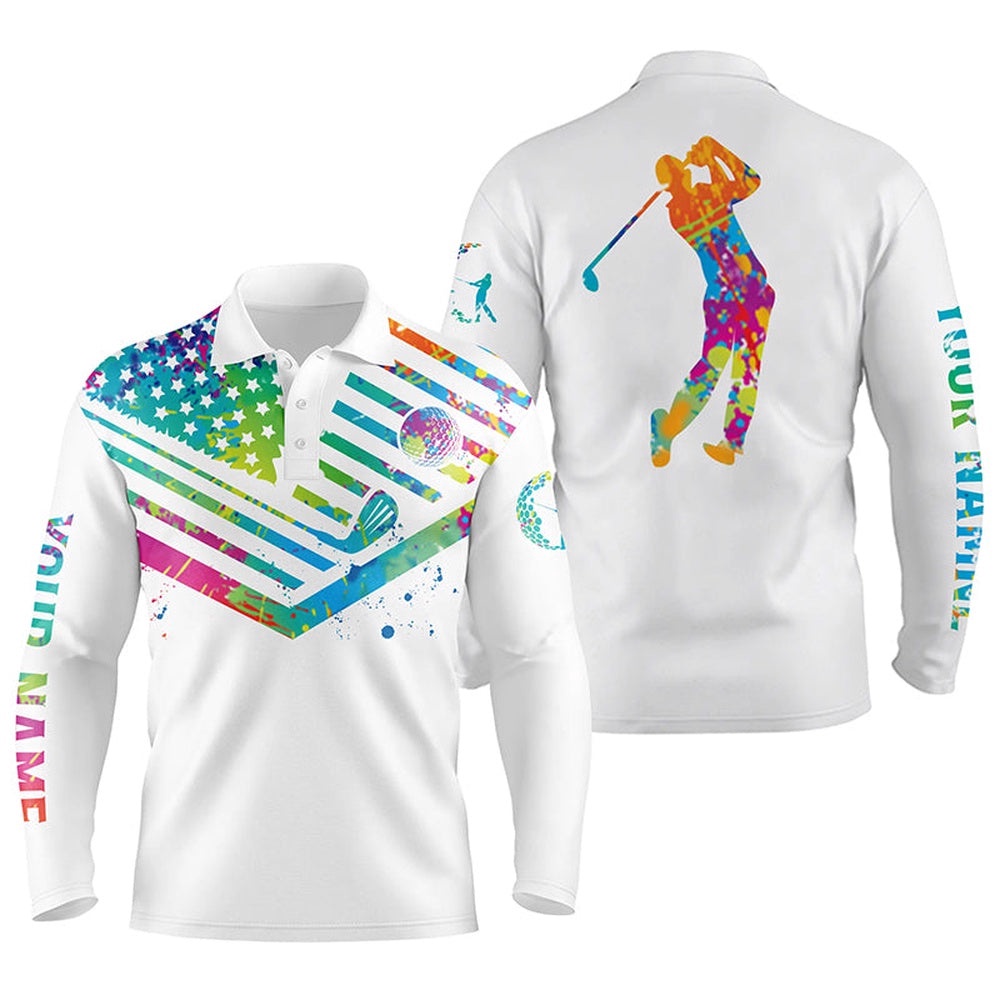 Men’s Golf Polo Shirts Watercolor American Flag Custom Name White Golf Shirt, Golf Polo Shirt, Golf Shirts