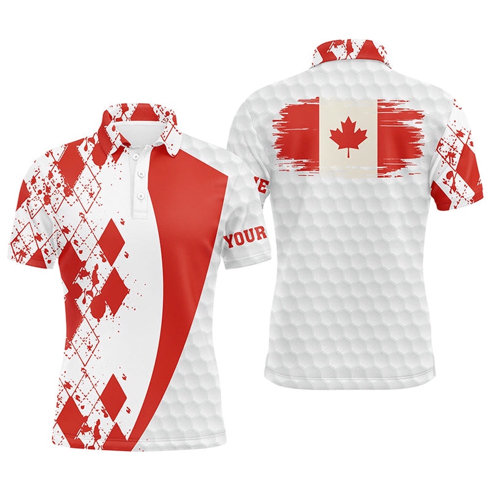 Men’s Golf Polos Shirts Custom Canadian Flag Red Argyle Pattern White Golf Ball Men’s Golf Shirts, Golf Polo Shirt, Golf Shirts