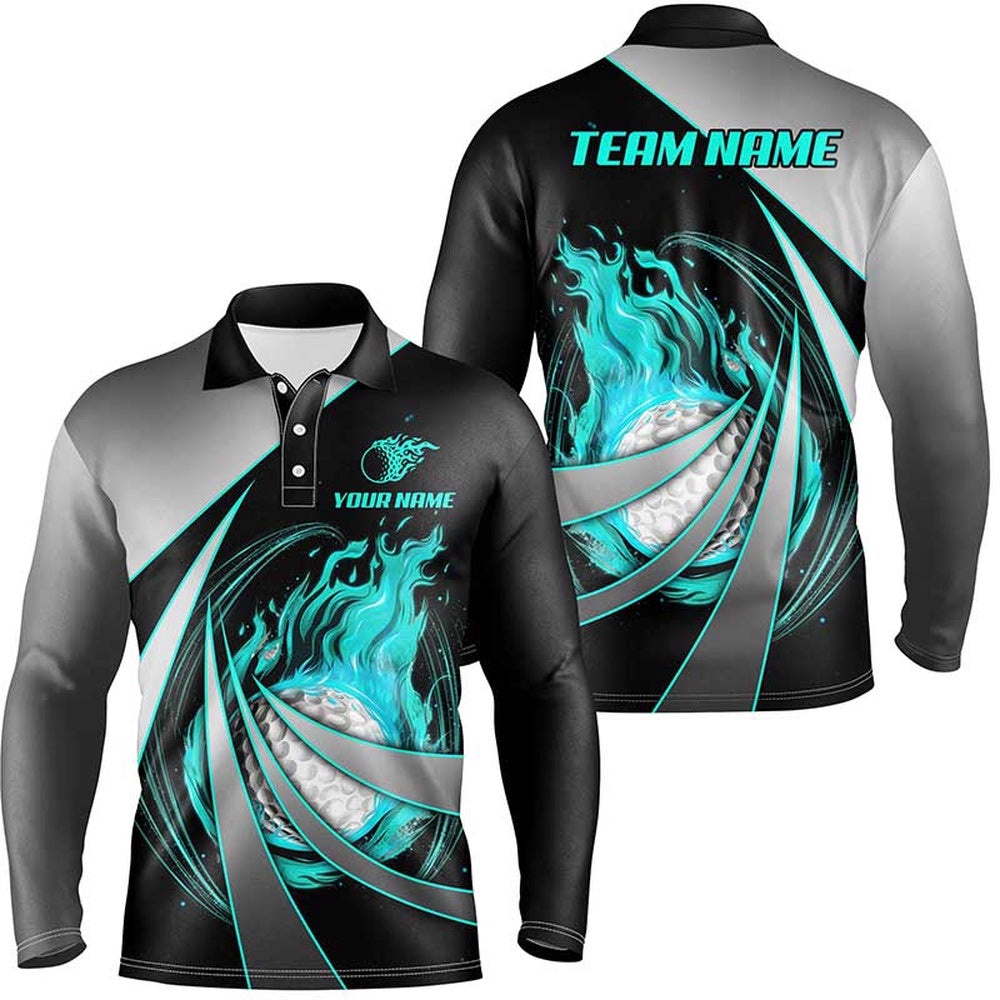 Men’s Golf Polos Shirts Custom Flame Golf Ball Shirts For Men Cyan Blue, Golf Polo Shirt, Golf Shirts