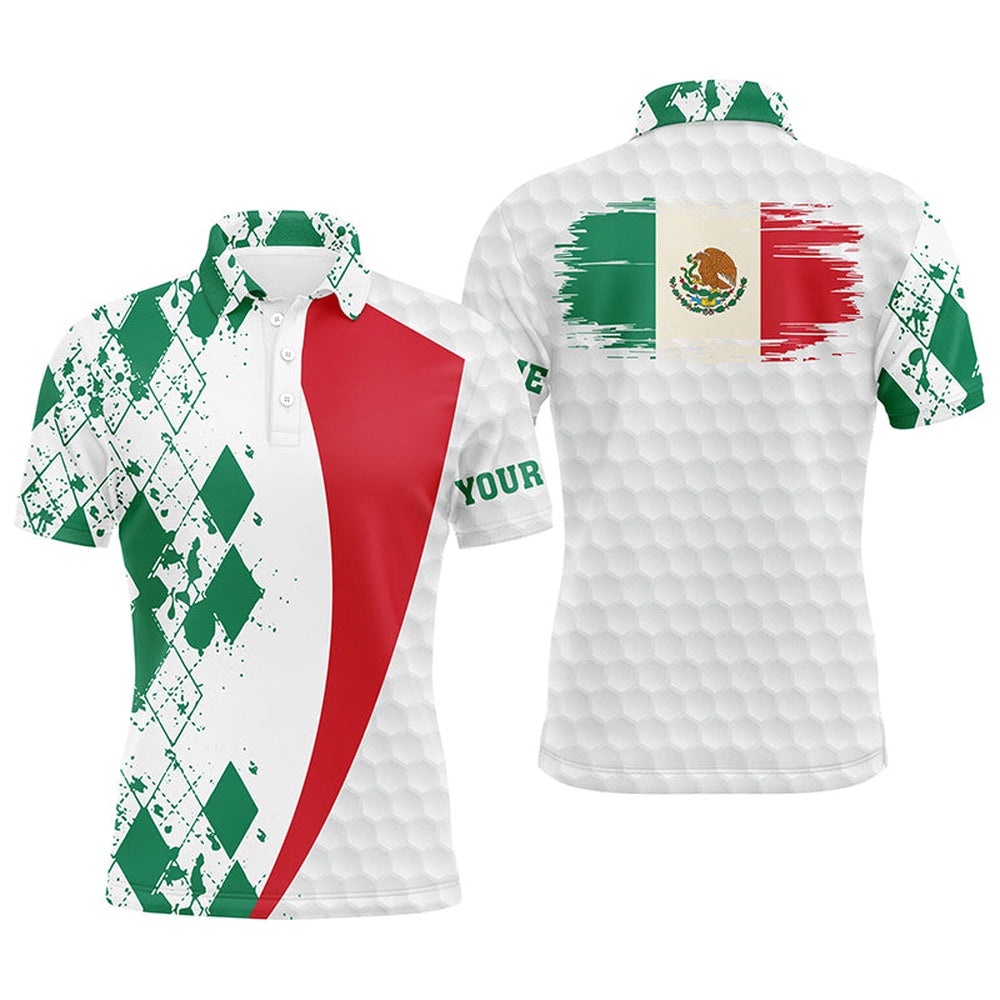 Men’s Golf Polos Shirts Custom Mexico Flag Green Argyle Pattern White Golf Ball Men’s Golf Shirts, Golf Polo Shirt, Golf Shirts