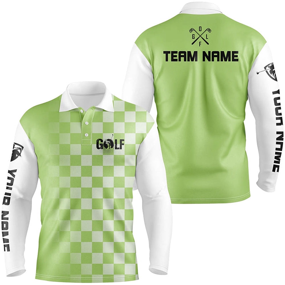 Men’s Golf Polos Shirts Custom Name Green Checkered Pattern Golf Shirts For Men, Golf Polo Shirt, Golf Shirts