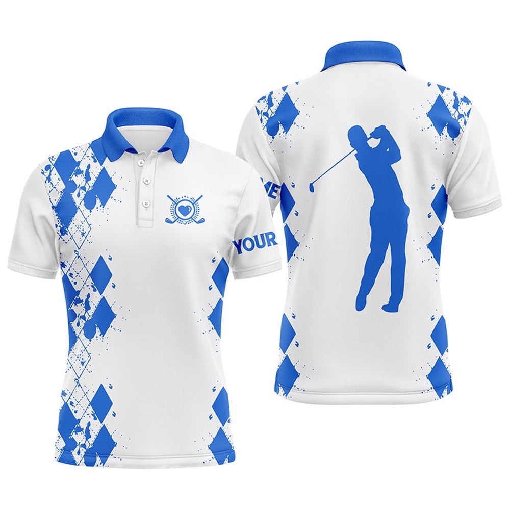 Men’s Golf Polos Shirts Custom Name Swing Swear Repeat White Golf Shirt Blue, Golf Polo Shirt, Golf Shirts
