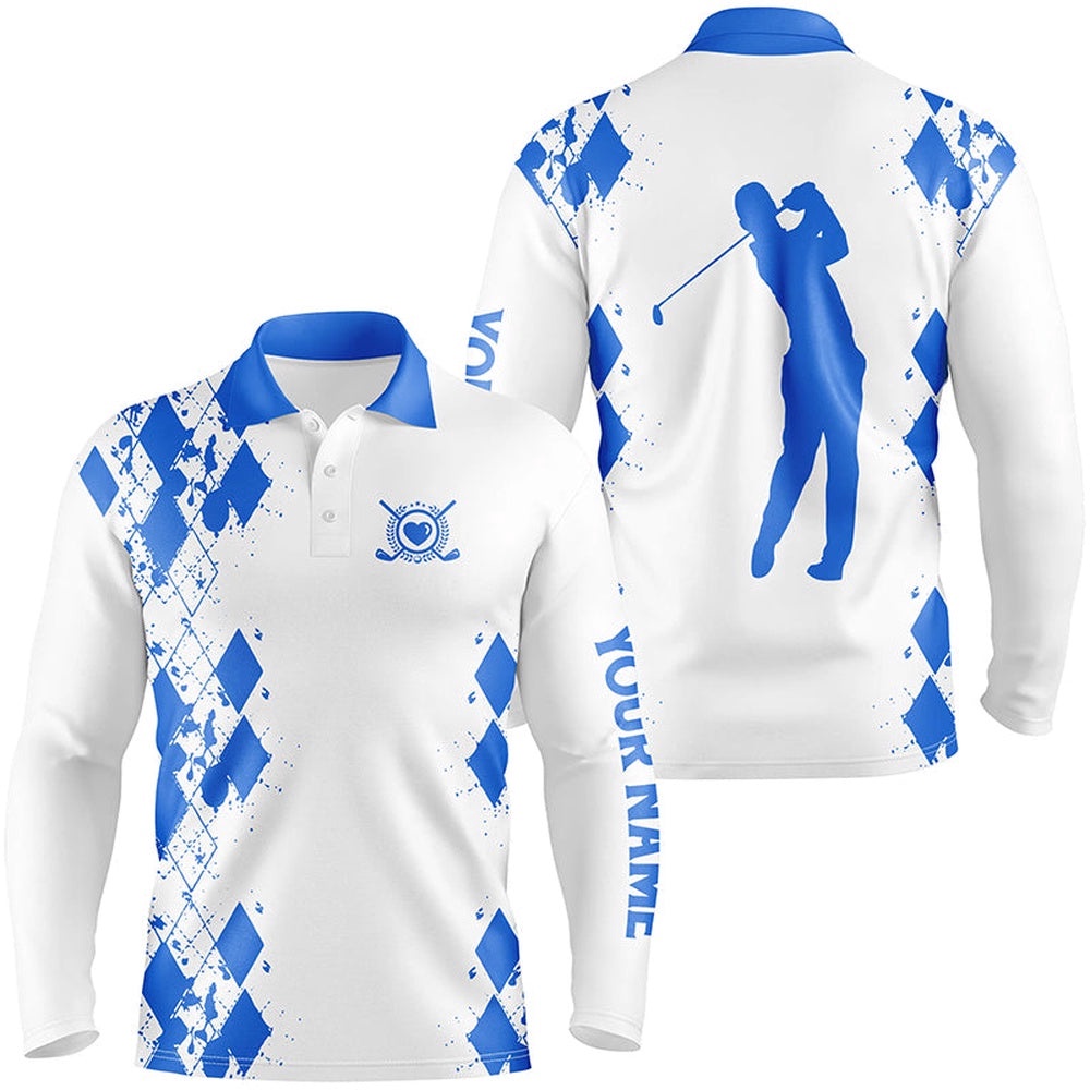 Men’s Golf Polos Shirts Custom Name Swing Swear Repeat White Golf Shirt Blue, Golf Polo Shirt, Golf Shirts