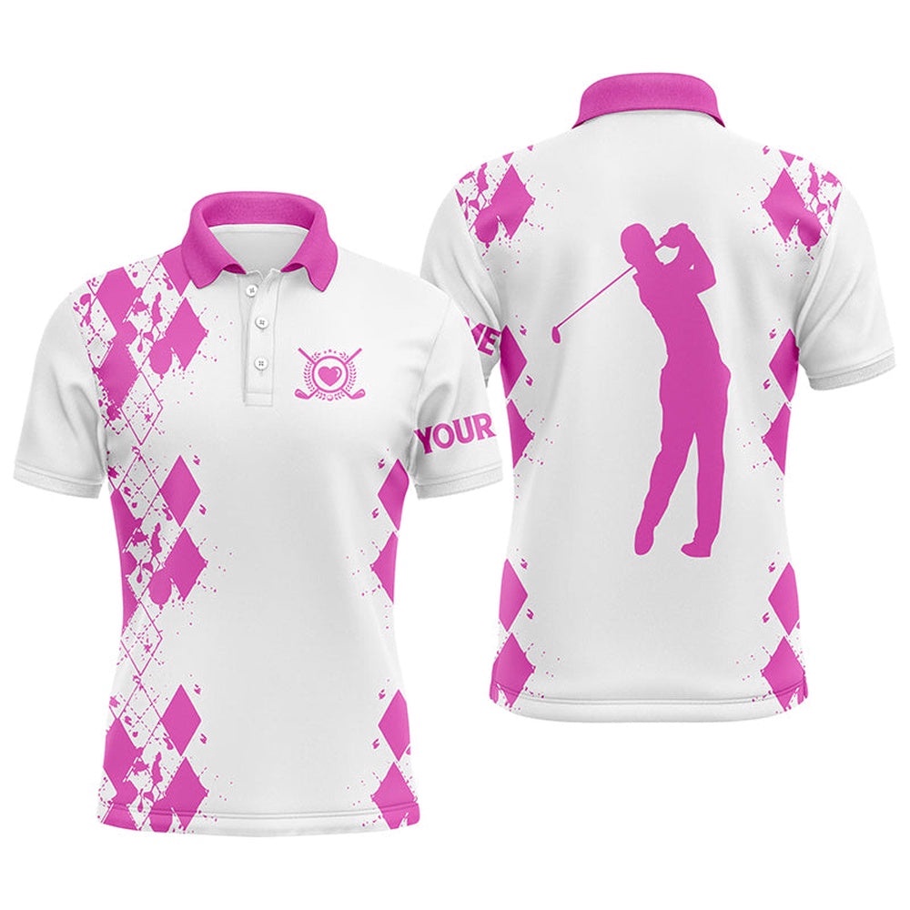 Men’s Golf Polos Shirts Custom Name White Golf Shirt Pink, Golf Polo Shirt, Golf Shirts