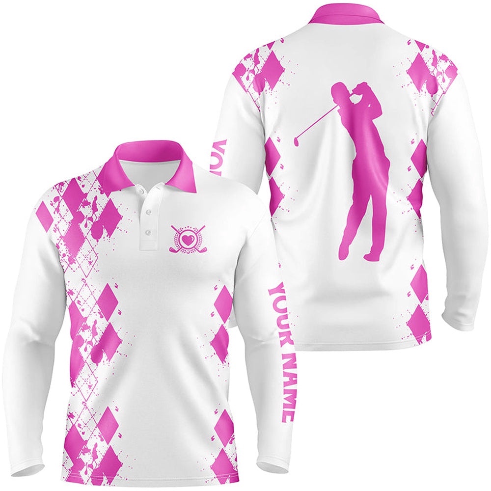 Men’s Golf Polos Shirts Custom Name White Golf Shirt Pink, Golf Polo Shirt, Golf Shirts