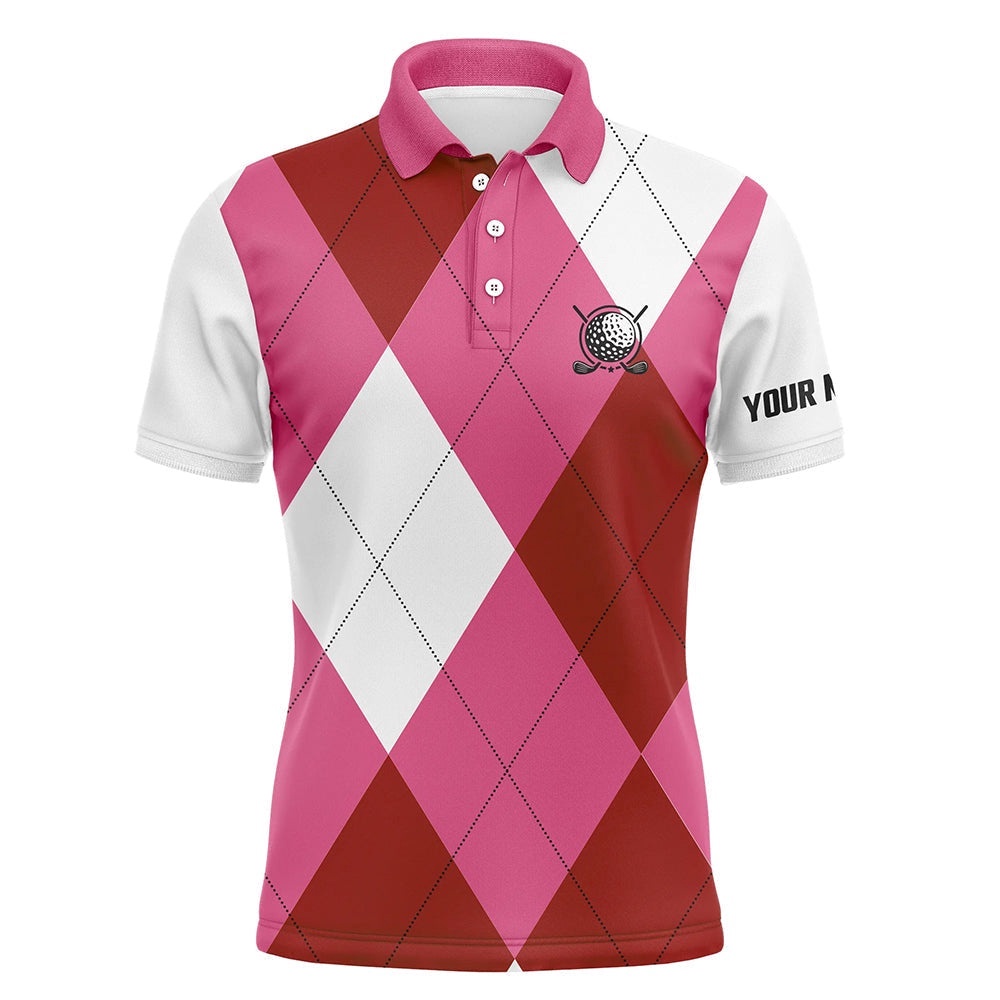 Men’s Golf Polos Shirts Custom Pink And White Golf Argyle Plaid Pattern, Golf Polo Shirt, Golf Shirts