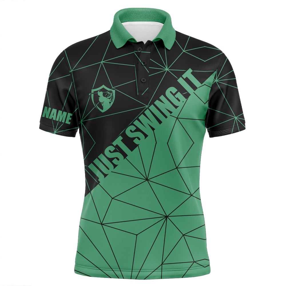 Men’s Golf Polos Shirts Just Swing It Custom Name Green Geometric Pattern Golf Shirts For Men, Golf Polo Shirt, Golf Shirts
