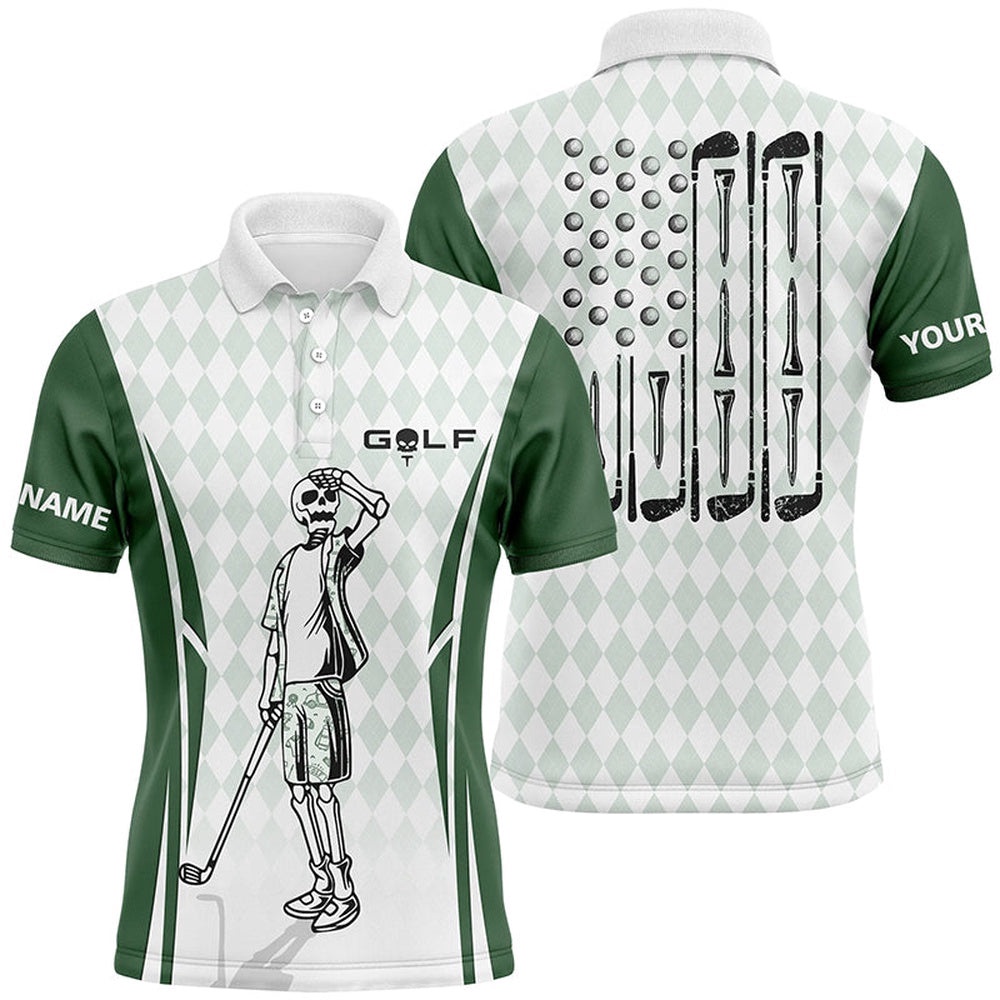 Men’s Green Argyle American Flag Patriotic Golf Polo Shirts Custom Skull Golf Shirts For Men, Golf Polo Shirt, Golf Shirts